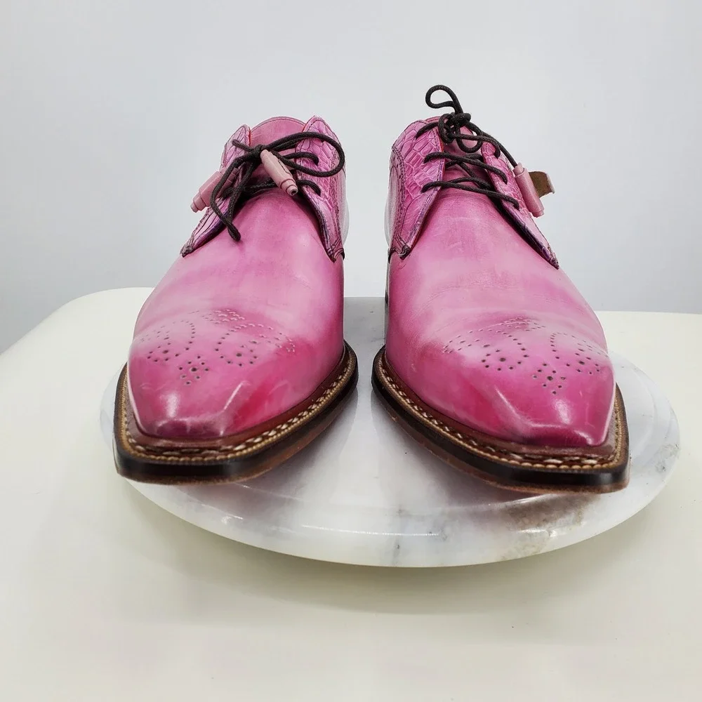 Fennix Italy Tyler Pink Alligator Calfskin Leather Lace-Up‎ Derby Dress Shoes 47